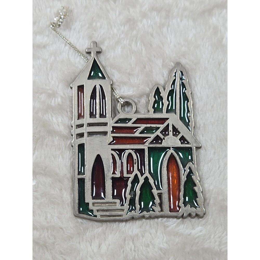 Vtg Russ Christmas Tree Ornament Metal Stained Glass Church Decor 3.25" x 2.25"